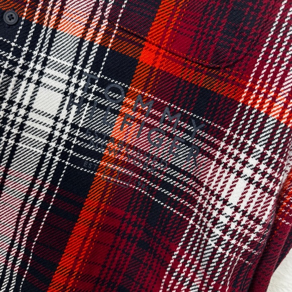 Tommy Hilfiger Plaid Shirt Mens Size Large Red Plaid Overshirt Heavyweight Cotto - Picture 6 of 9